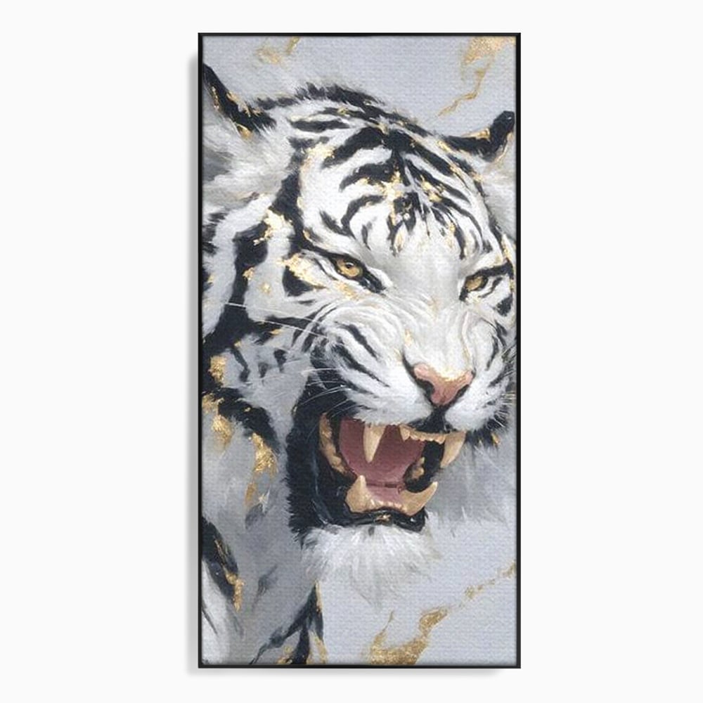 Tablou Canvas Premium, LuxCanva® M1434, Puterea Ragetului, Marmura, Auriu, Tigru, Fiara, Felina, Forta, Furie, Colti, Dungi, Birou, Living, Camera Copil