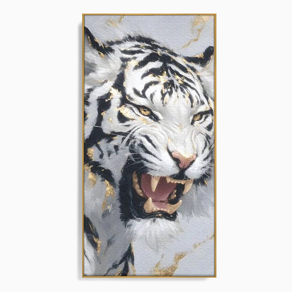 Tablou Canvas Premium, LuxCanva® M1434, Puterea Ragetului, Marmura, Auriu, Tigru, Fiara, Felina, Forta, Furie, Colti, Dungi, Birou, Living, Camera Copil