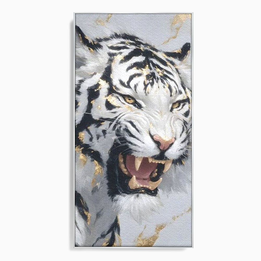 Tablou Canvas Premium, LuxCanva® M1434, Puterea Ragetului, Marmura, Auriu, Tigru, Fiara, Felina, Forta, Furie, Colti, Dungi, Birou, Living, Camera Copil