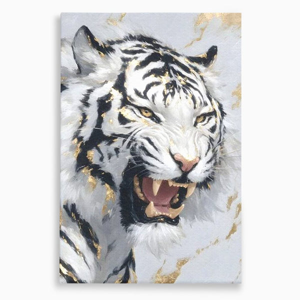 Tablou Canvas Premium, LuxCanva® M1434, Puterea Ragetului, Marmura, Auriu, Tigru, Fiara, Felina, Forta, Furie, Colti, Dungi, Birou, Living, Camera Copil