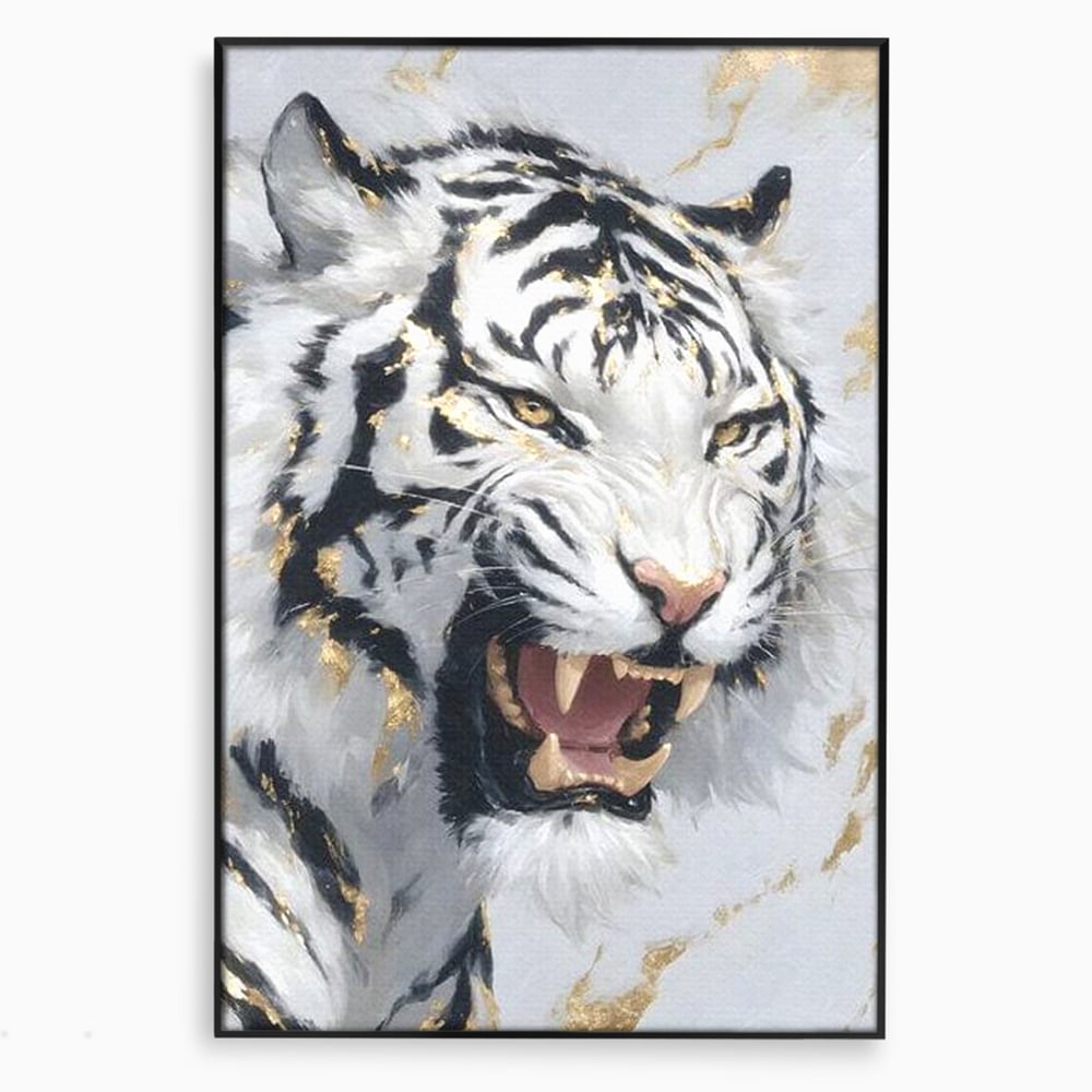 Tablou Canvas Premium, LuxCanva® M1434, Puterea Ragetului, Marmura, Auriu, Tigru, Fiara, Felina, Forta, Furie, Colti, Dungi, Birou, Living, Camera Copil