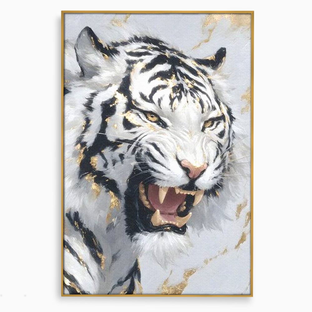 Tablou Canvas Premium, LuxCanva® M1434, Puterea Ragetului, Marmura, Auriu, Tigru, Fiara, Felina, Forta, Furie, Colti, Dungi, Birou, Living, Camera Copil