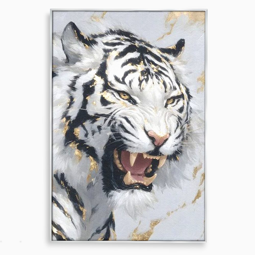 Tablou Canvas Premium, LuxCanva® M1434, Puterea Ragetului, Marmura, Auriu, Tigru, Fiara, Felina, Forta, Furie, Colti, Dungi, Birou, Living, Camera Copil
