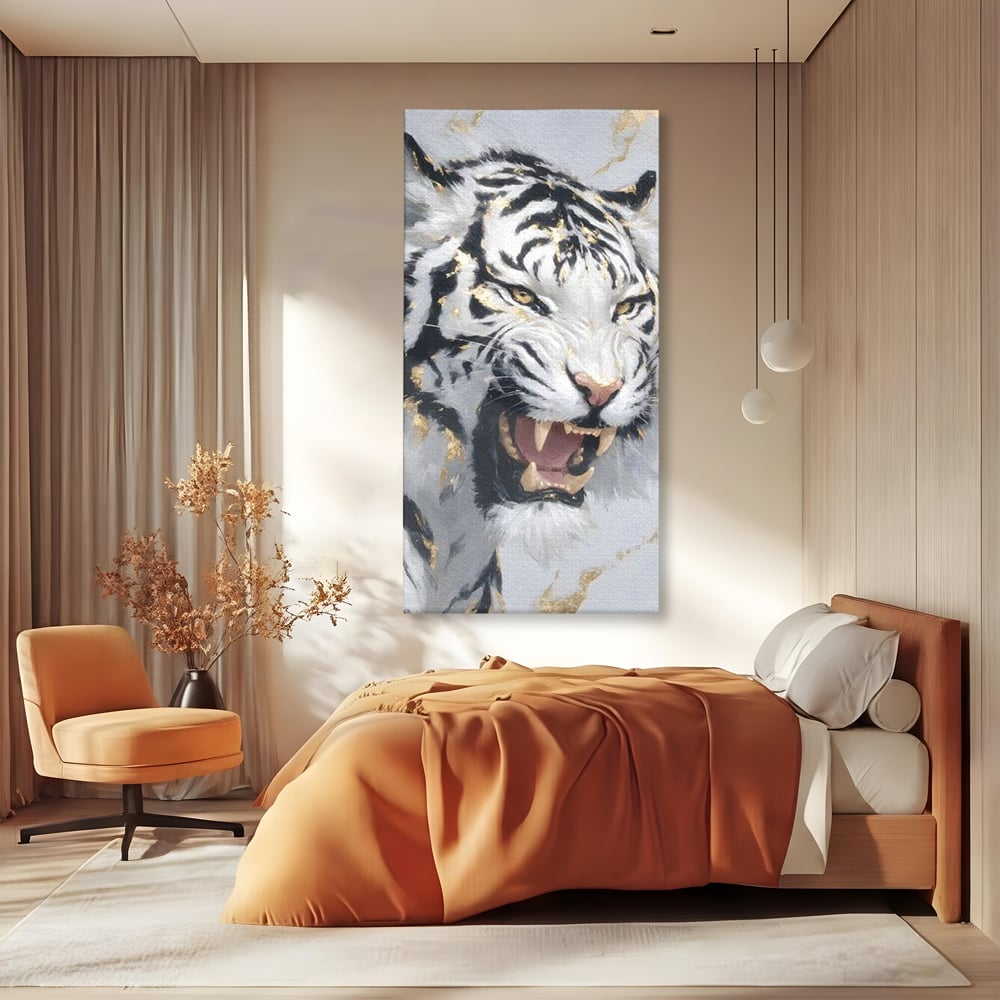 Tablou Canvas Premium, LuxCanva® M1434, Puterea Ragetului, Marmura, Auriu, Tigru, Fiara, Felina, Forta, Furie, Colti, Dungi, Birou, Living, Camera Copil