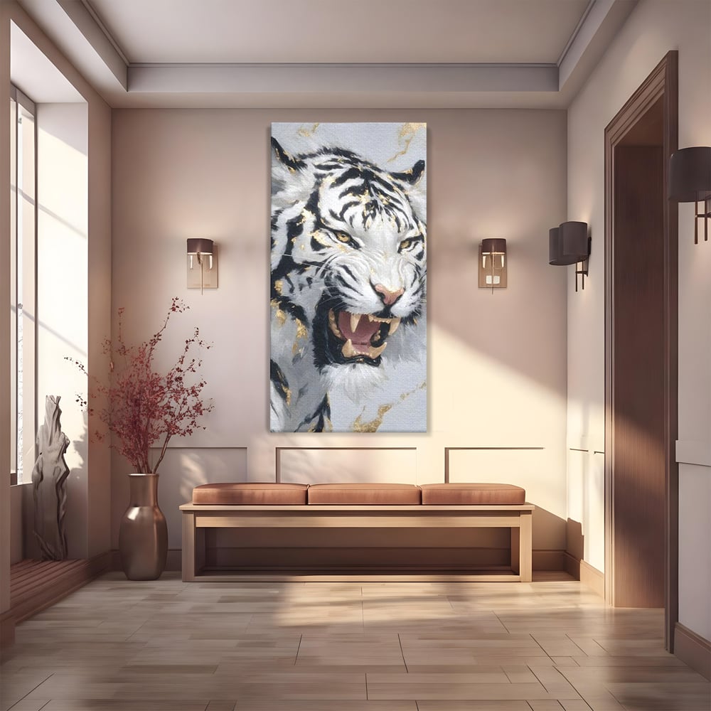 Tablou Canvas Premium, LuxCanva® M1434, Puterea Ragetului, Marmura, Auriu, Tigru, Fiara, Felina, Forta, Furie, Colti, Dungi, Birou, Living, Camera Copil