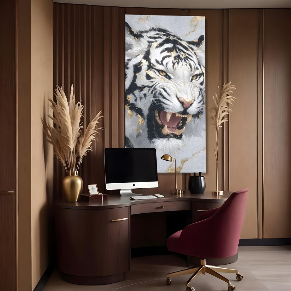 Tablou Canvas Premium, LuxCanva® M1434, Puterea Ragetului, Marmura, Auriu, Tigru, Fiara, Felina, Forta, Furie, Colti, Dungi, Birou, Living, Camera Copil
