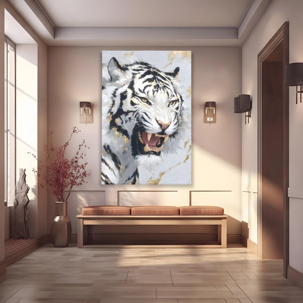 Tablou Canvas Premium, LuxCanva® M1434, Puterea Ragetului, Marmura, Auriu, Tigru, Fiara, Felina, Forta, Furie, Colti, Dungi, Birou, Living, Camera Copil