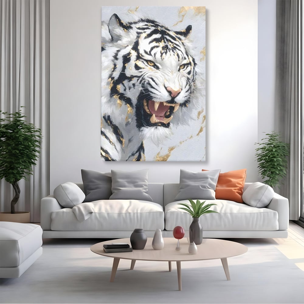 Tablou Canvas Premium, LuxCanva® M1434, Puterea Ragetului, Marmura, Auriu, Tigru, Fiara, Felina, Forta, Furie, Colti, Dungi, Birou, Living, Camera Copil