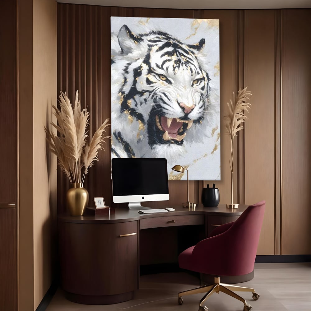 Tablou Canvas Premium, LuxCanva® M1434, Puterea Ragetului, Marmura, Auriu, Tigru, Fiara, Felina, Forta, Furie, Colti, Dungi, Birou, Living, Camera Copil