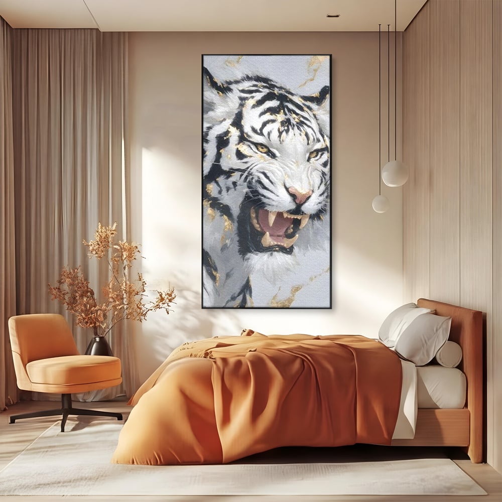 Tablou Canvas Premium, LuxCanva® M1434, Puterea Ragetului, Marmura, Auriu, Tigru, Fiara, Felina, Forta, Furie, Colti, Dungi, Birou, Living, Camera Copil