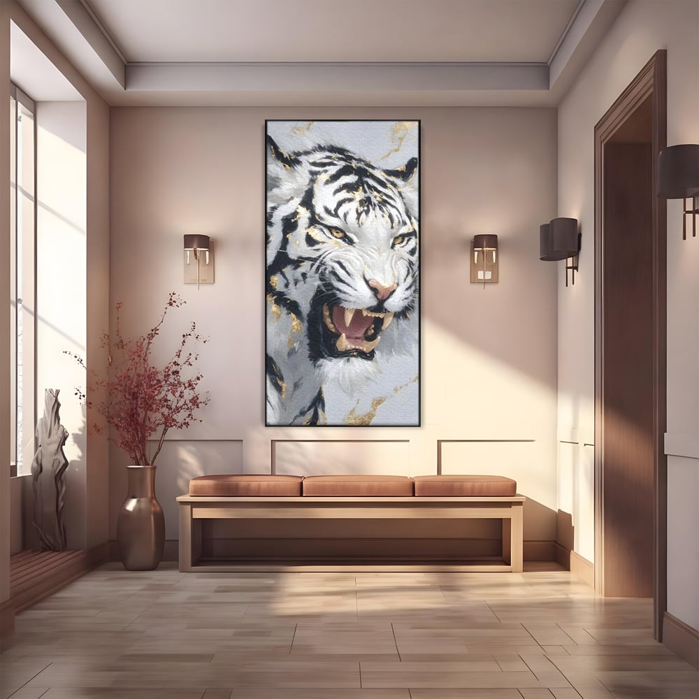 Tablou Canvas Premium, LuxCanva® M1434, Puterea Ragetului, Marmura, Auriu, Tigru, Fiara, Felina, Forta, Furie, Colti, Dungi, Birou, Living, Camera Copil