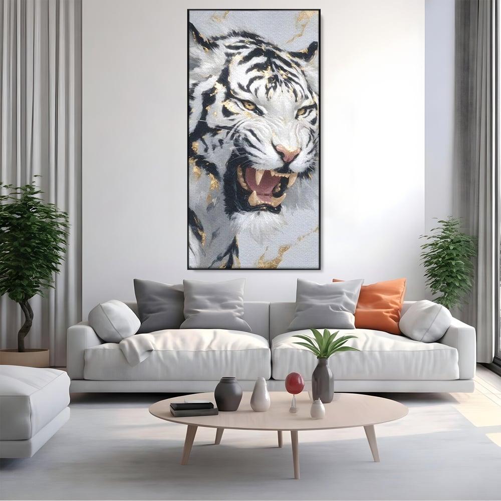 Tablou Canvas Premium, LuxCanva® M1434, Puterea Ragetului, Marmura, Auriu, Tigru, Fiara, Felina, Forta, Furie, Colti, Dungi, Birou, Living, Camera Copil