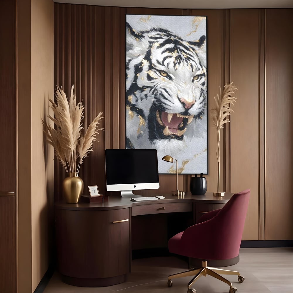 Tablou Canvas Premium, LuxCanva® M1434, Puterea Ragetului, Marmura, Auriu, Tigru, Fiara, Felina, Forta, Furie, Colti, Dungi, Birou, Living, Camera Copil
