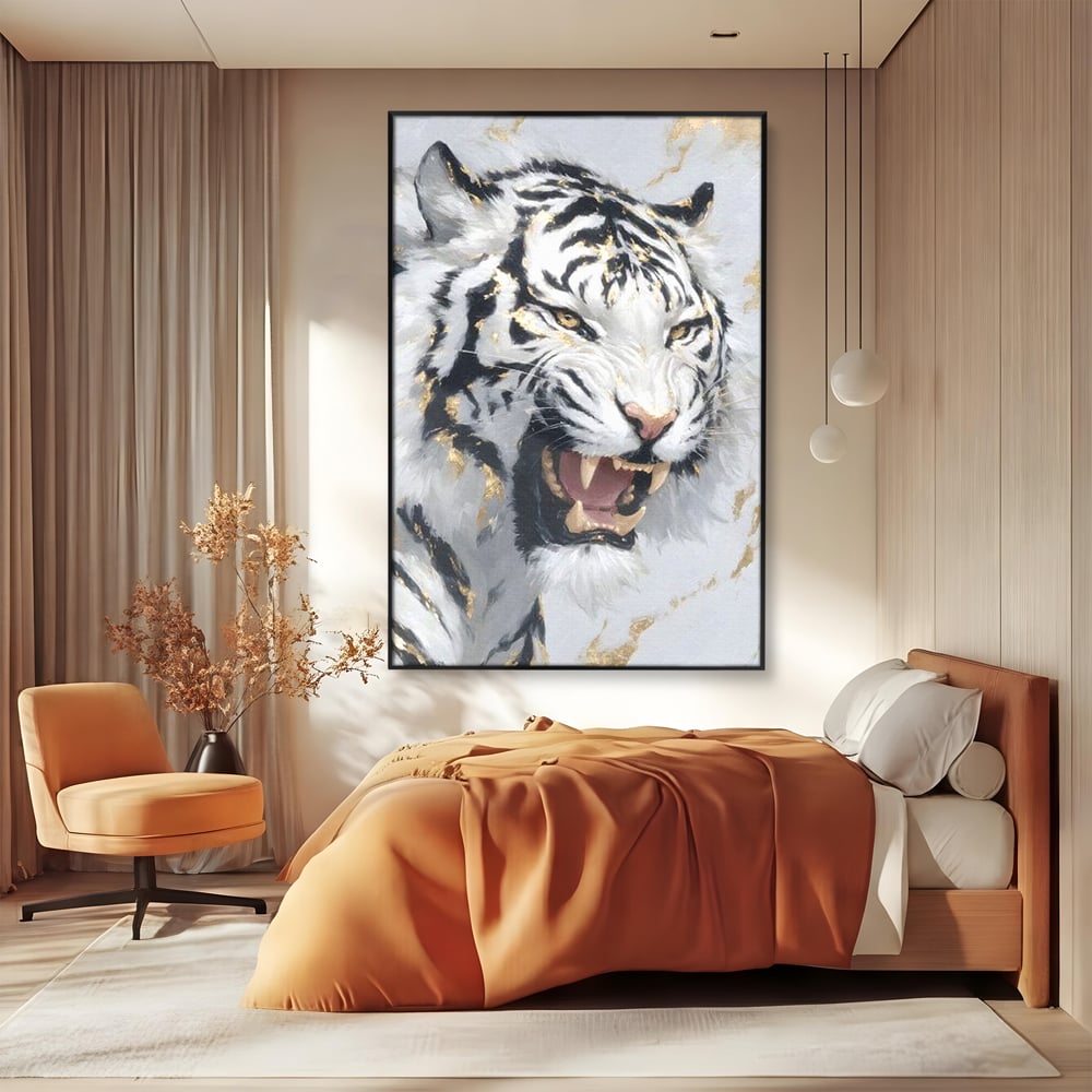 Tablou Canvas Premium, LuxCanva® M1434, Puterea Ragetului, Marmura, Auriu, Tigru, Fiara, Felina, Forta, Furie, Colti, Dungi, Birou, Living, Camera Copil