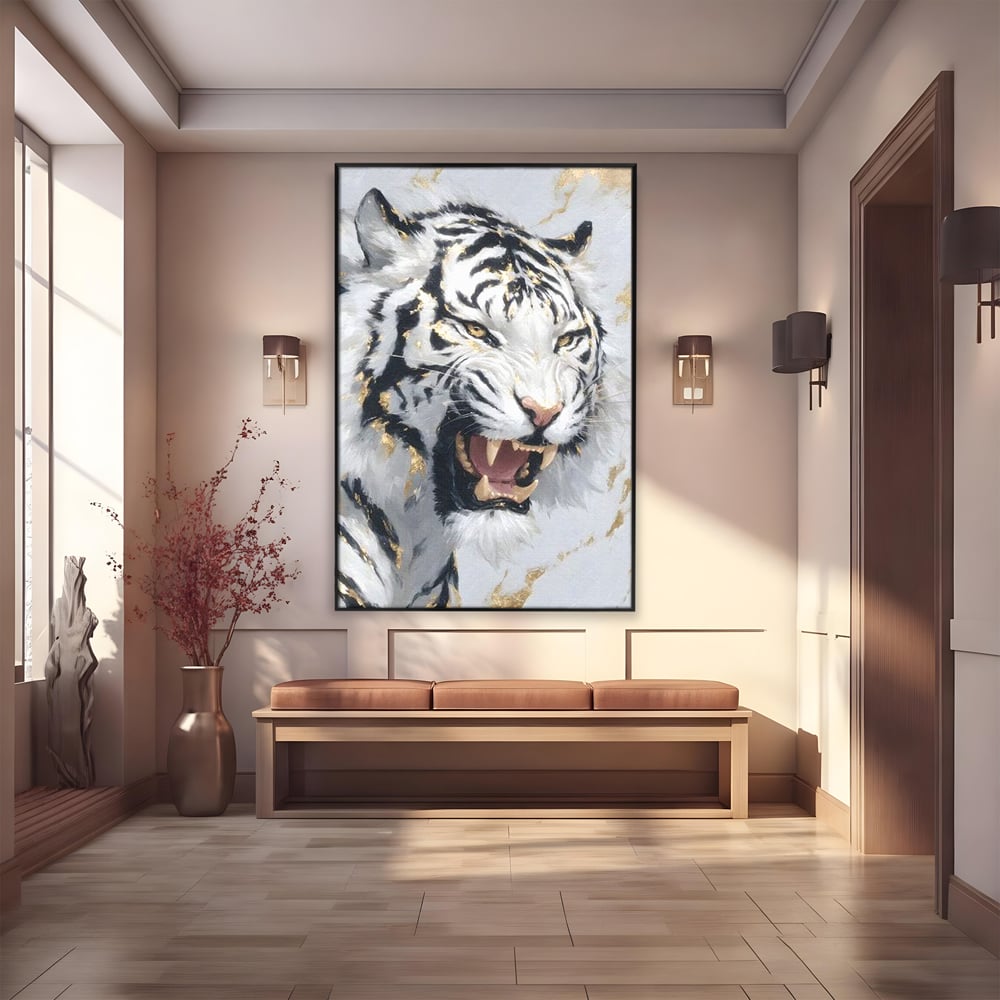 Tablou Canvas Premium, LuxCanva® M1434, Puterea Ragetului, Marmura, Auriu, Tigru, Fiara, Felina, Forta, Furie, Colti, Dungi, Birou, Living, Camera Copil