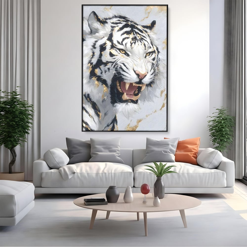 Tablou Canvas Premium, LuxCanva® M1434, Puterea Ragetului, Marmura, Auriu, Tigru, Fiara, Felina, Forta, Furie, Colti, Dungi, Birou, Living, Camera Copil
