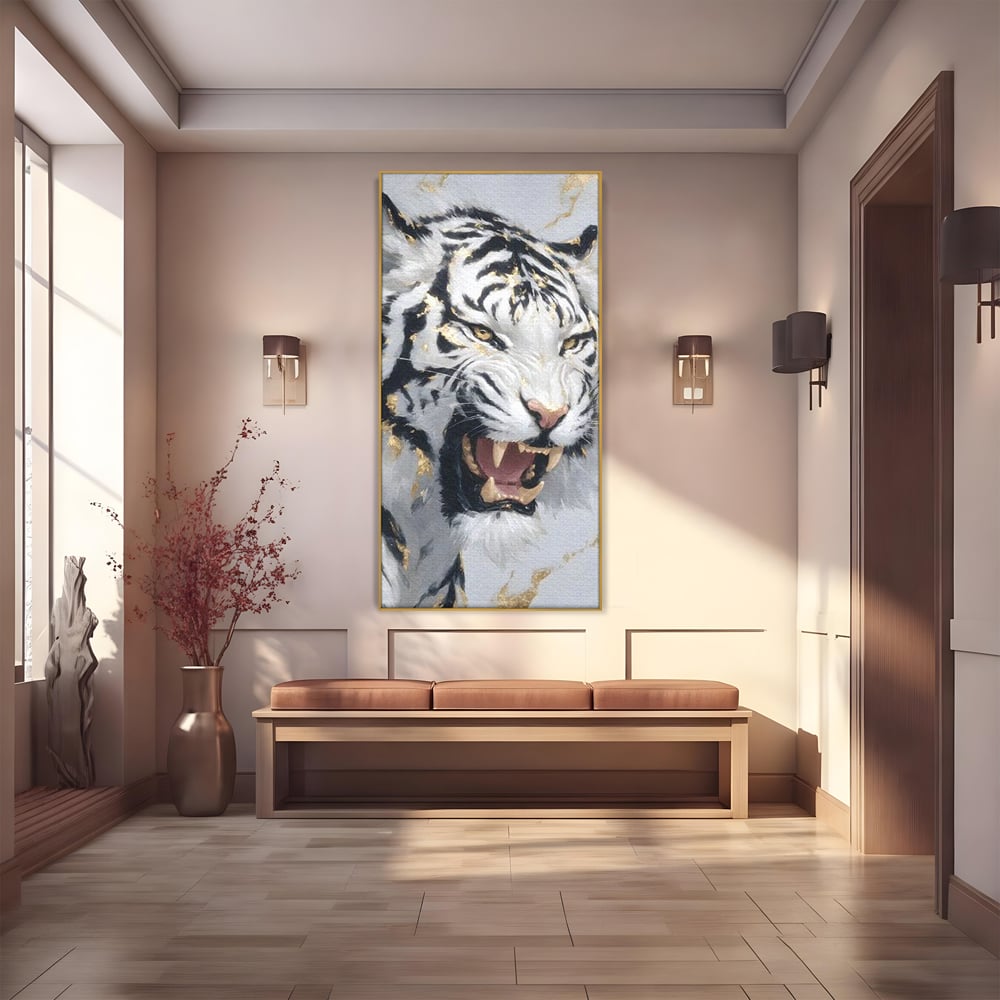 Tablou Canvas Premium, LuxCanva® M1434, Puterea Ragetului, Marmura, Auriu, Tigru, Fiara, Felina, Forta, Furie, Colti, Dungi, Birou, Living, Camera Copil