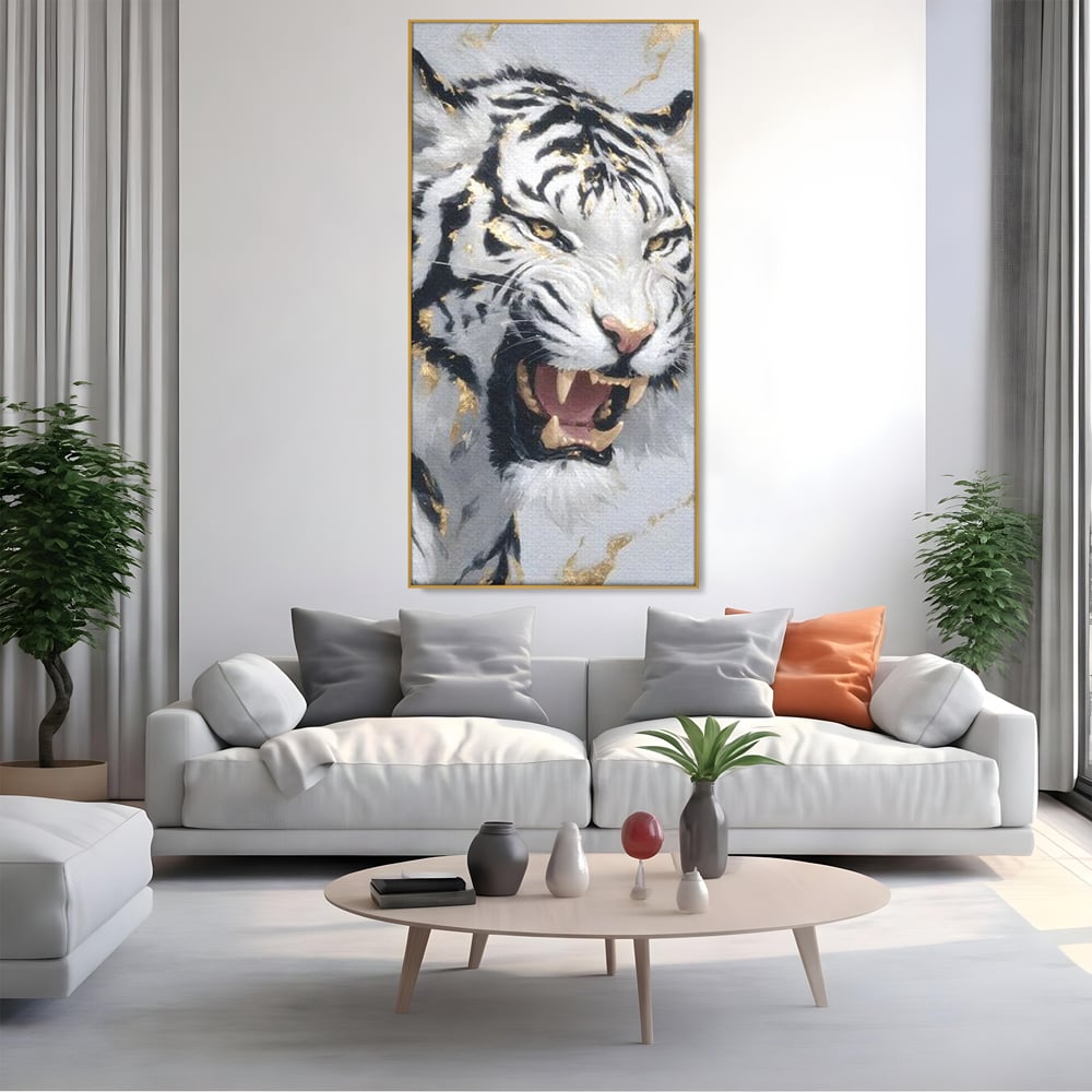 Tablou Canvas Premium, LuxCanva® M1434, Puterea Ragetului, Marmura, Auriu, Tigru, Fiara, Felina, Forta, Furie, Colti, Dungi, Birou, Living, Camera Copil