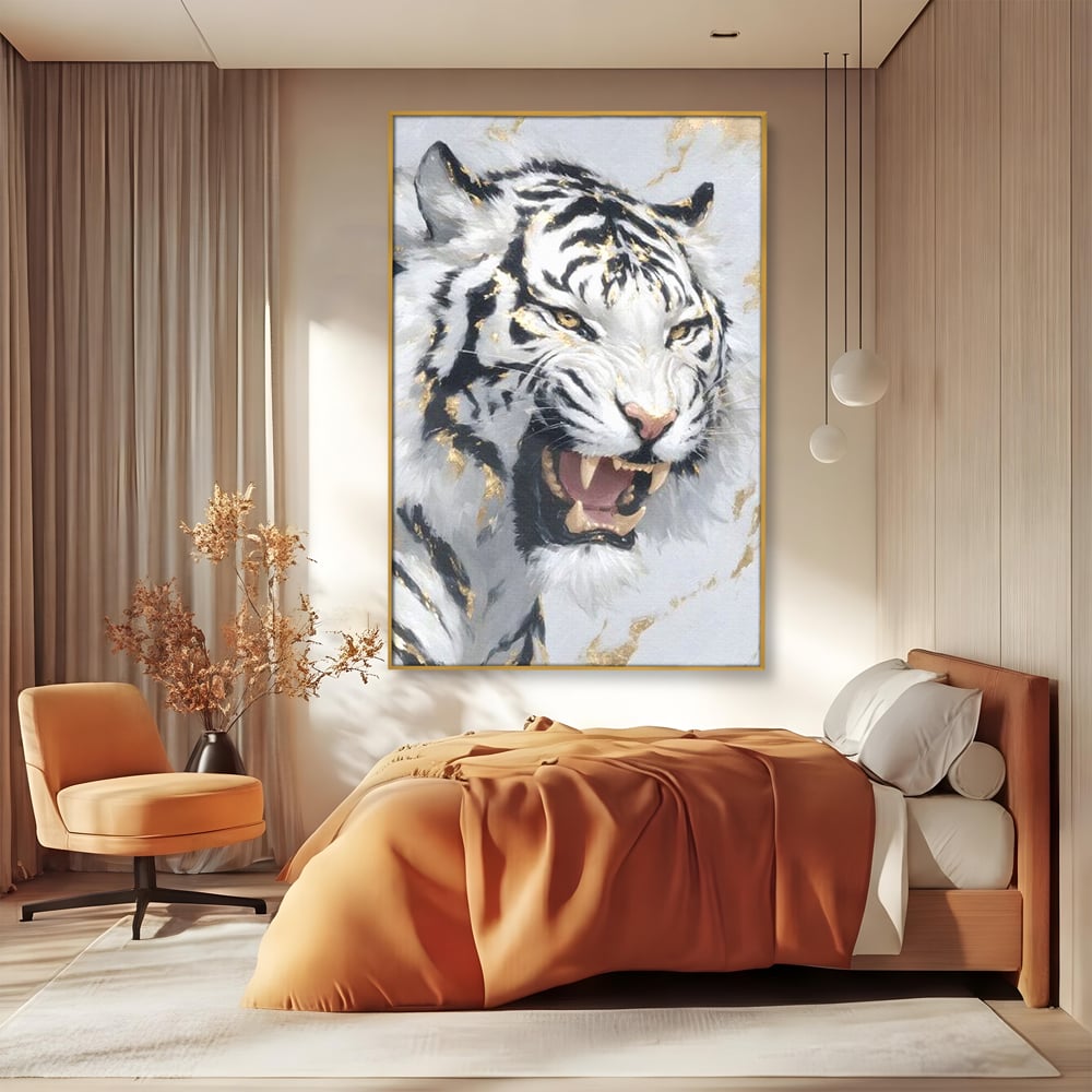 Tablou Canvas Premium, LuxCanva® M1434, Puterea Ragetului, Marmura, Auriu, Tigru, Fiara, Felina, Forta, Furie, Colti, Dungi, Birou, Living, Camera Copil