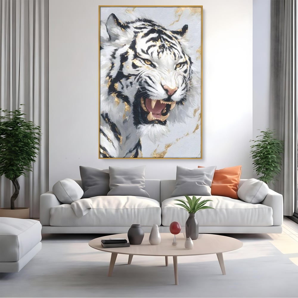 Tablou Canvas Premium, LuxCanva® M1434, Puterea Ragetului, Marmura, Auriu, Tigru, Fiara, Felina, Forta, Furie, Colti, Dungi, Birou, Living, Camera Copil
