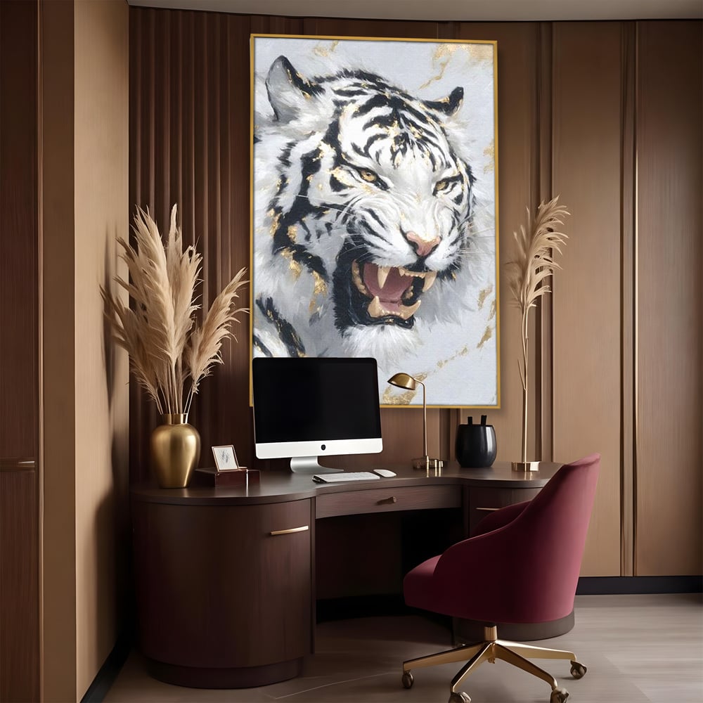 Tablou Canvas Premium, LuxCanva® M1434, Puterea Ragetului, Marmura, Auriu, Tigru, Fiara, Felina, Forta, Furie, Colti, Dungi, Birou, Living, Camera Copil