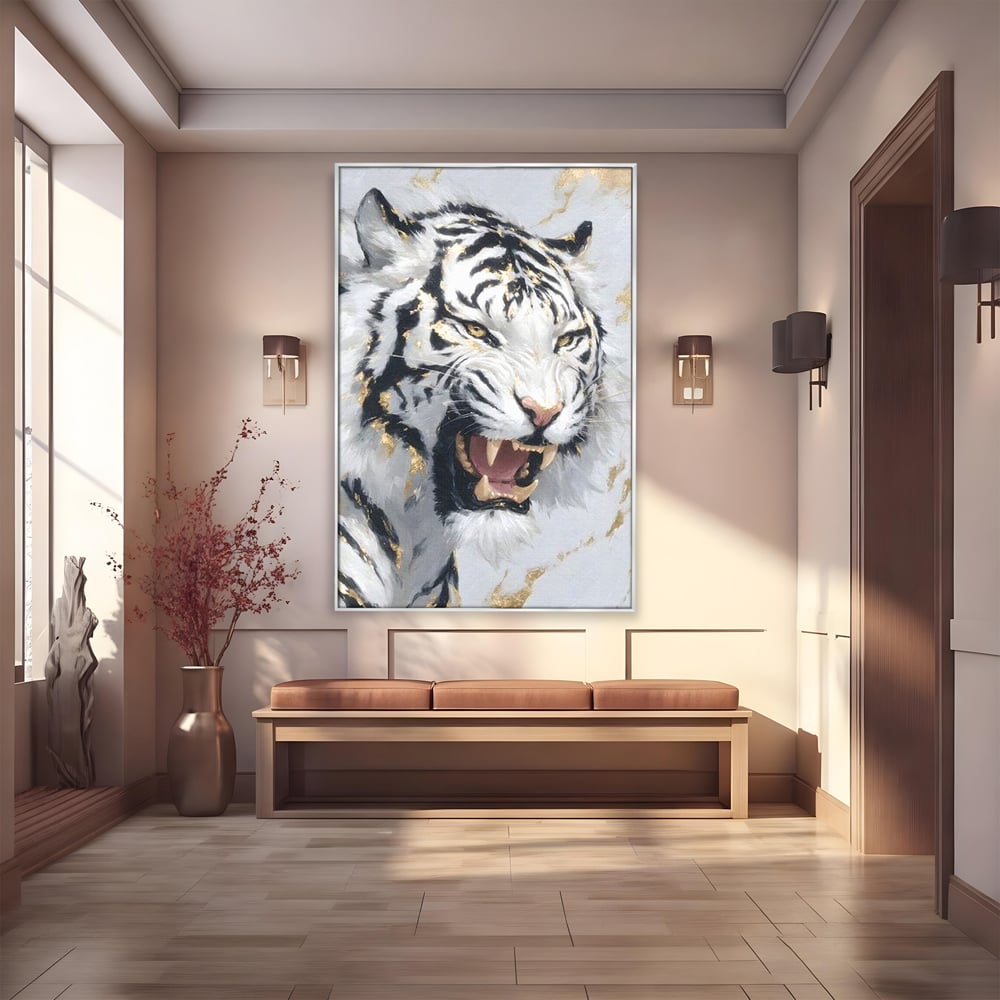 Tablou Canvas Premium, LuxCanva® M1434, Puterea Ragetului, Marmura, Auriu, Tigru, Fiara, Felina, Forta, Furie, Colti, Dungi, Birou, Living, Camera Copil