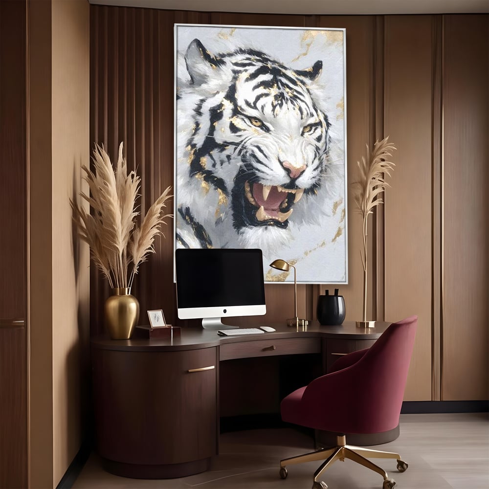 Tablou Canvas Premium, LuxCanva® M1434, Puterea Ragetului, Marmura, Auriu, Tigru, Fiara, Felina, Forta, Furie, Colti, Dungi, Birou, Living, Camera Copil