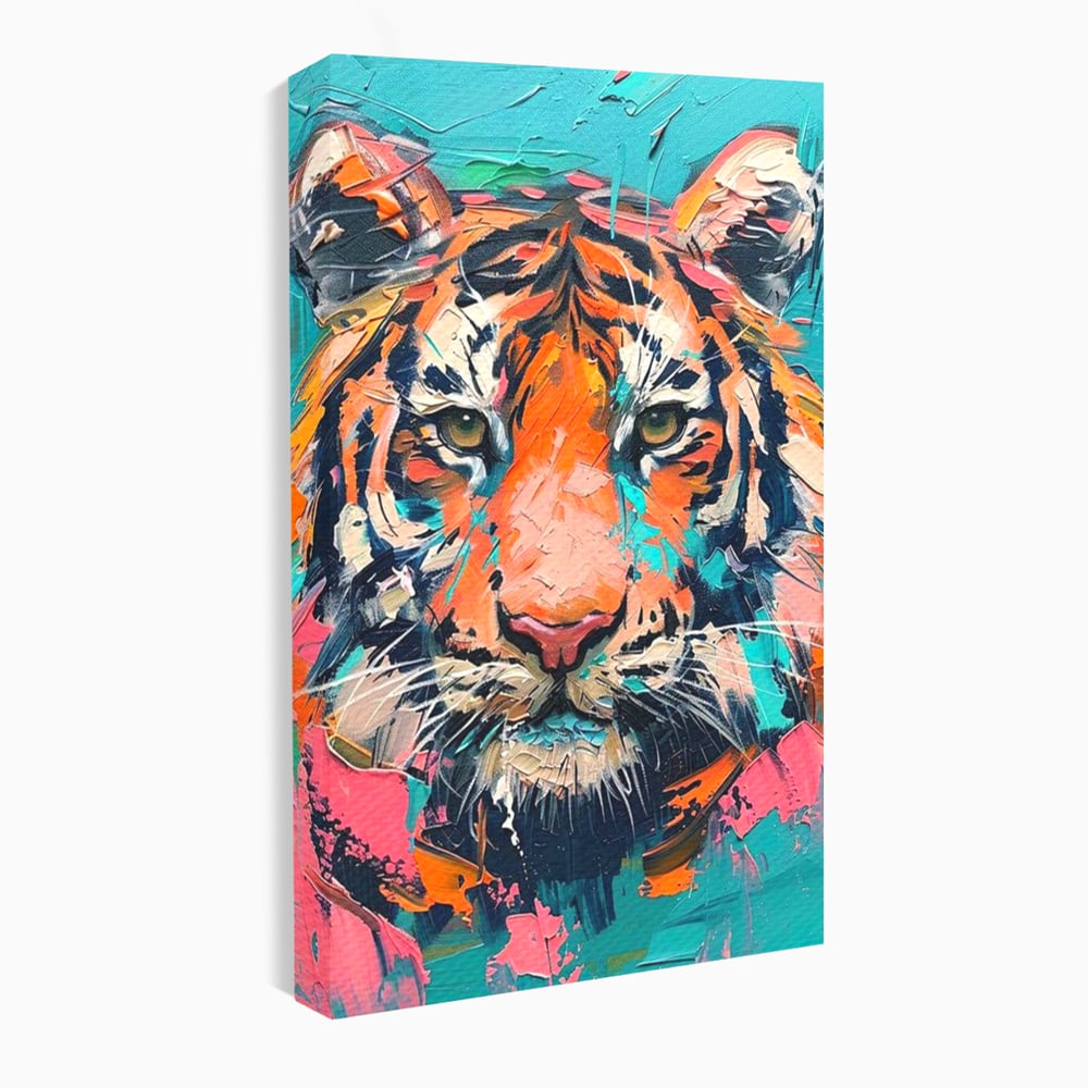 Leinwand Premium Canvas Wall Art, LuxCanva® M1435, Modern Pop Modern Tiger, Pastell, Lebendige Farben, Malerei, Farbe, Farbe, Malerei, Tiger, Feline, Dschungel, Pop Art, Abstrakt, Büro, Wohnen, Kinderzimmer