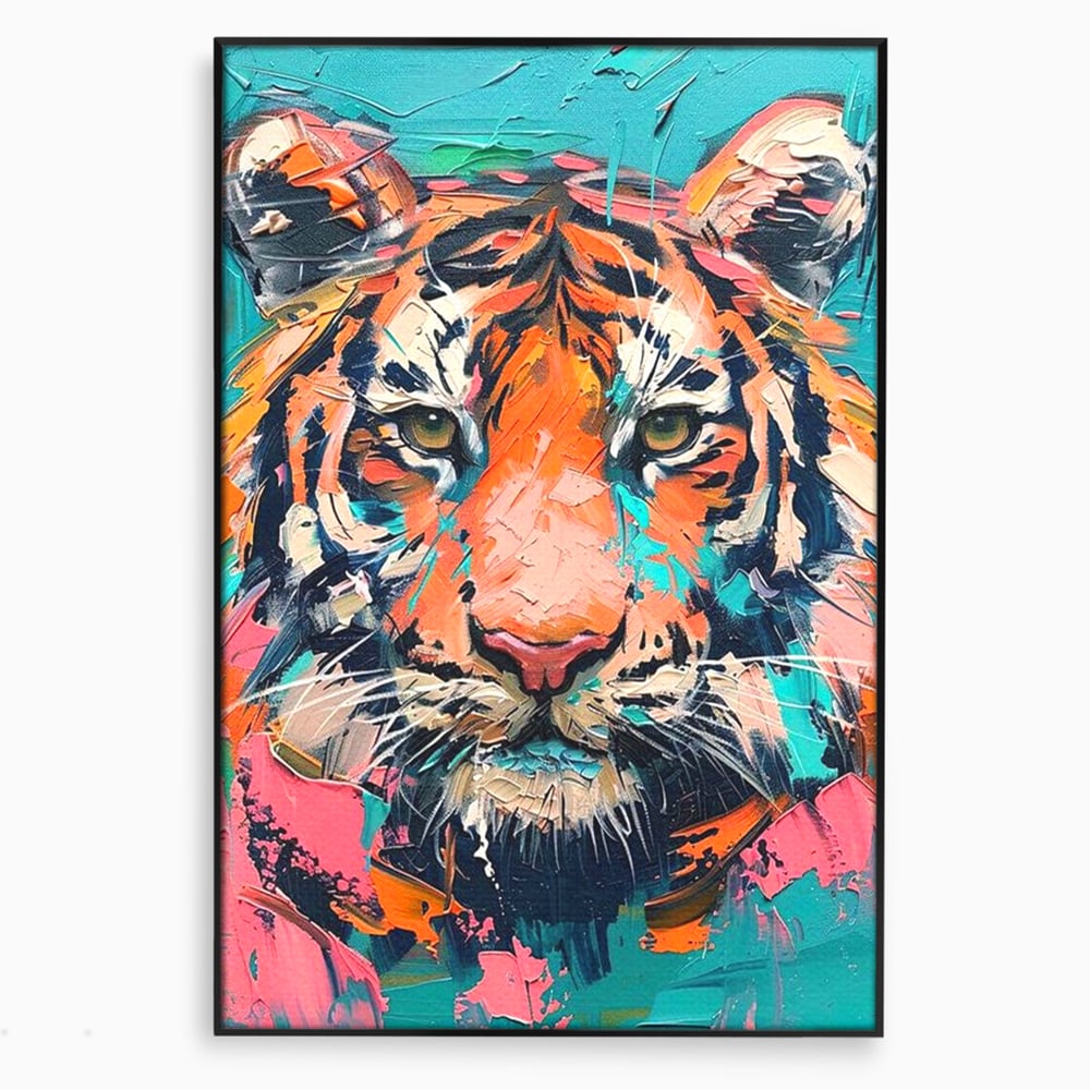 Leinwand Premium Canvas Wall Art, LuxCanva® M1435, Modern Pop Modern Tiger, Pastell, Lebendige Farben, Malerei, Farbe, Farbe, Malerei, Tiger, Feline, Dschungel, Pop Art, Abstrakt, Büro, Wohnen, Kinderzimmer
