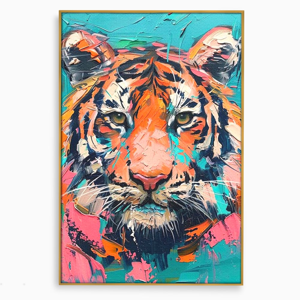 Leinwand Premium Canvas Wall Art, LuxCanva® M1435, Modern Pop Modern Tiger, Pastell, Lebendige Farben, Malerei, Farbe, Farbe, Malerei, Tiger, Feline, Dschungel, Pop Art, Abstrakt, Büro, Wohnen, Kinderzimmer