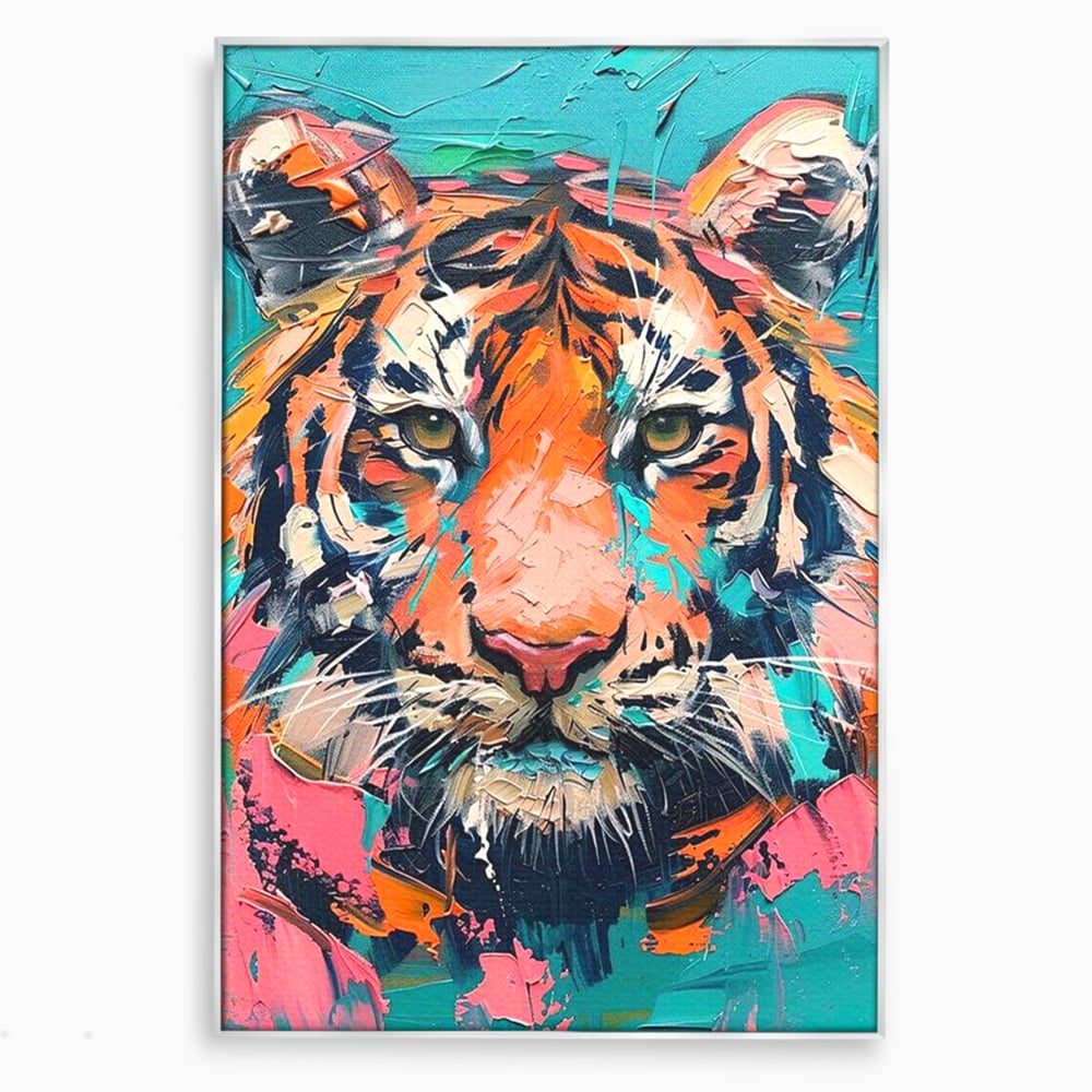 Leinwand Premium Canvas Wall Art, LuxCanva® M1435, Modern Pop Modern Tiger, Pastell, Lebendige Farben, Malerei, Farbe, Farbe, Malerei, Tiger, Feline, Dschungel, Pop Art, Abstrakt, Büro, Wohnen, Kinderzimmer