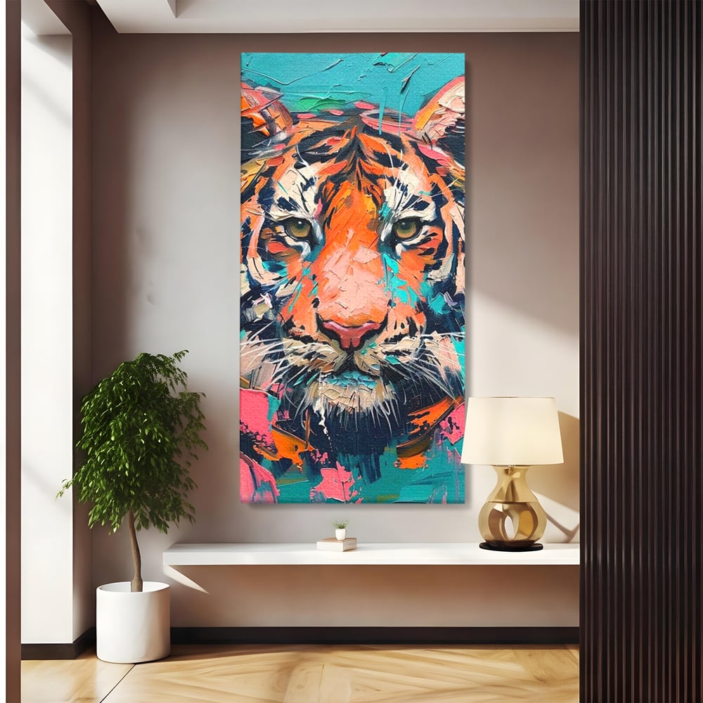 Leinwand Premium Canvas Wall Art, LuxCanva® M1435, Modern Pop Modern Tiger, Pastell, Lebendige Farben, Malerei, Farbe, Farbe, Malerei, Tiger, Feline, Dschungel, Pop Art, Abstrakt, Büro, Wohnen, Kinderzimmer
