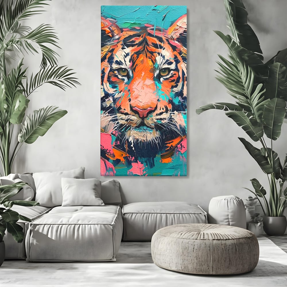 Leinwand Premium Canvas Wall Art, LuxCanva® M1435, Modern Pop Modern Tiger, Pastell, Lebendige Farben, Malerei, Farbe, Farbe, Malerei, Tiger, Feline, Dschungel, Pop Art, Abstrakt, Büro, Wohnen, Kinderzimmer