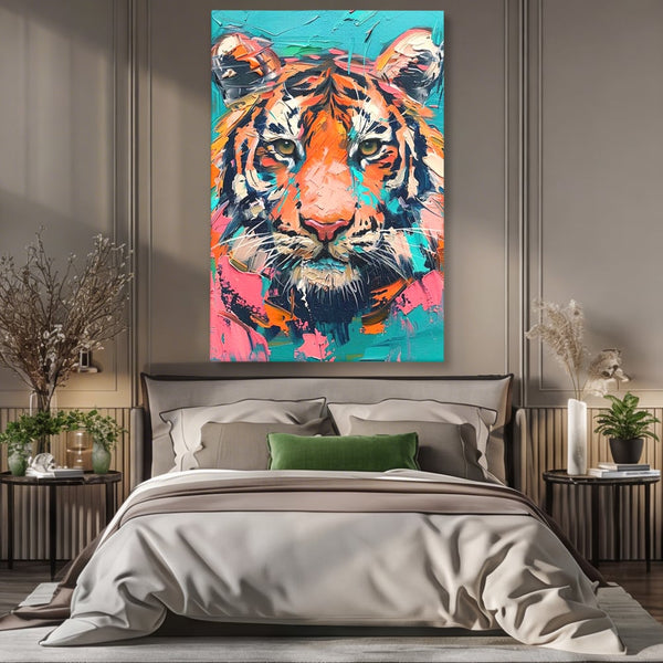 Leinwand Premium Canvas Wall Art, LuxCanva® M1435, Modern Pop Modern Tiger, Pastell, Lebendige Farben, Malerei, Farbe, Farbe, Malerei, Tiger, Feline, Dschungel, Pop Art, Abstrakt, Büro, Wohnen, Kinderzimmer