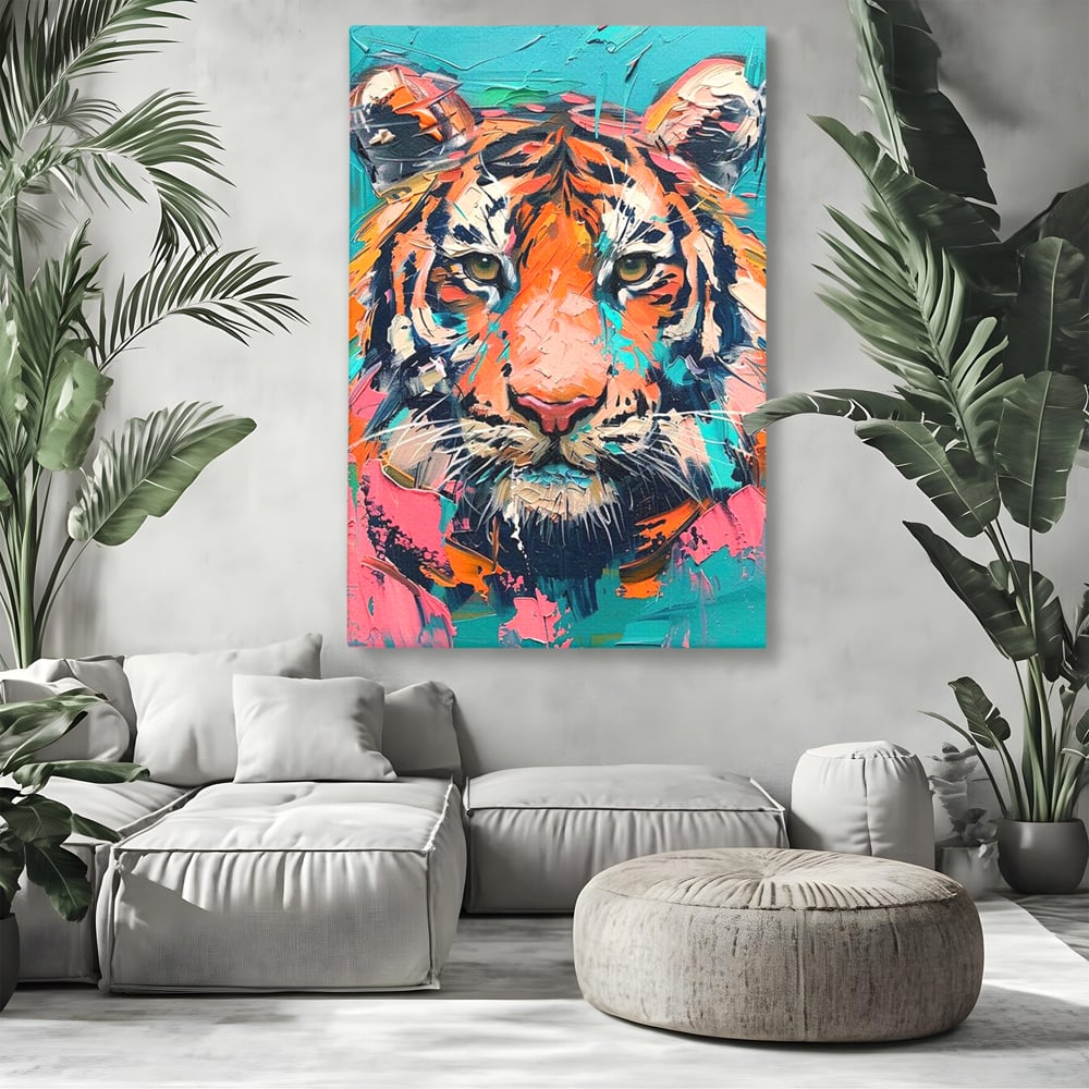 Leinwand Premium Canvas Wall Art, LuxCanva® M1435, Modern Pop Modern Tiger, Pastell, Lebendige Farben, Malerei, Farbe, Farbe, Malerei, Tiger, Feline, Dschungel, Pop Art, Abstrakt, Büro, Wohnen, Kinderzimmer