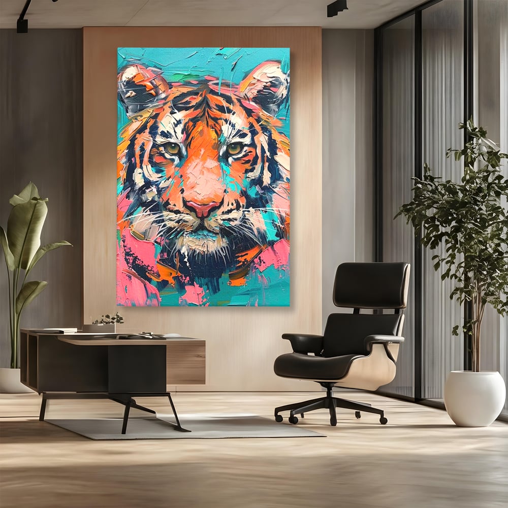 Leinwand Premium Canvas Wall Art, LuxCanva® M1435, Modern Pop Modern Tiger, Pastell, Lebendige Farben, Malerei, Farbe, Farbe, Malerei, Tiger, Feline, Dschungel, Pop Art, Abstrakt, Büro, Wohnen, Kinderzimmer