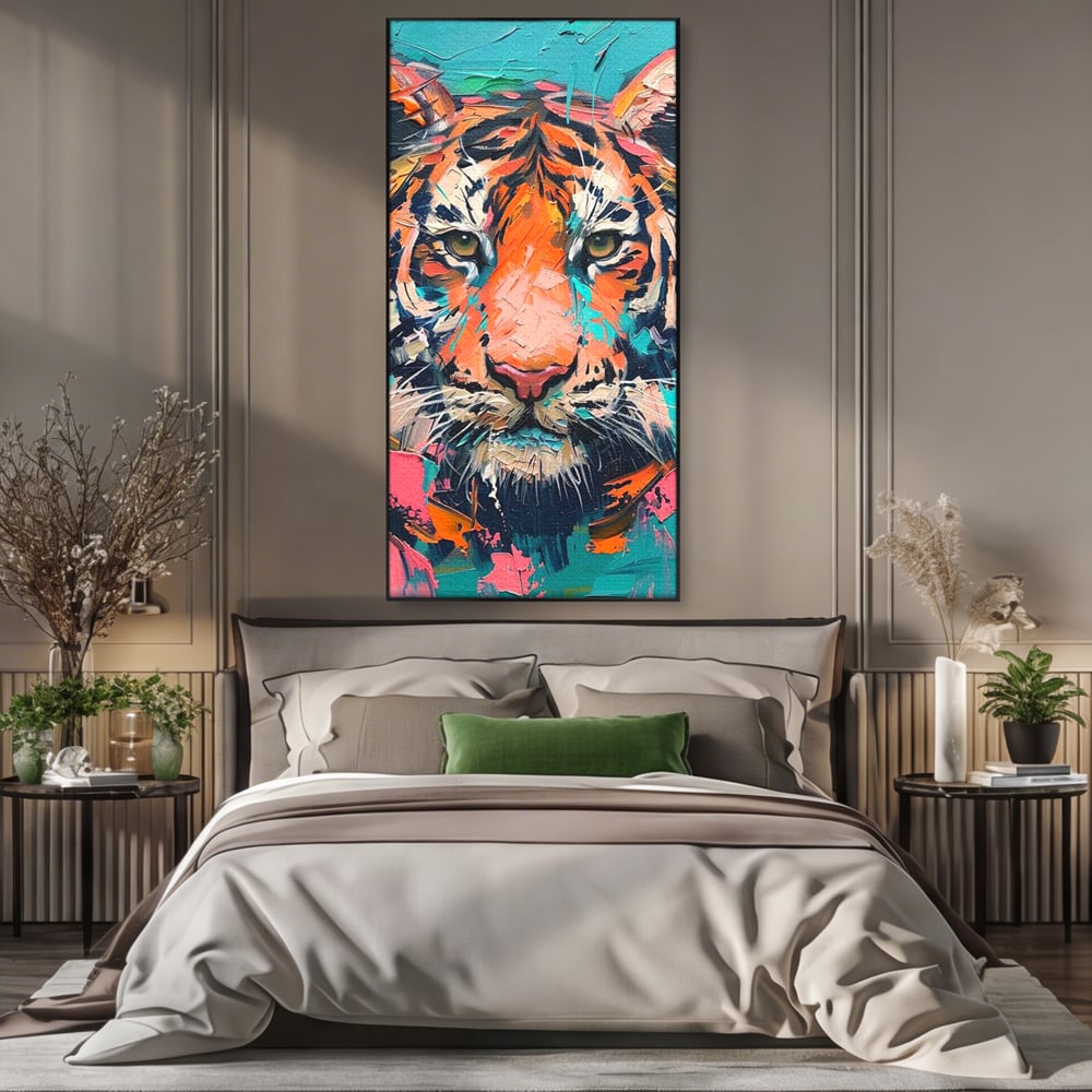 Leinwand Premium Canvas Wall Art, LuxCanva® M1435, Modern Pop Modern Tiger, Pastell, Lebendige Farben, Malerei, Farbe, Farbe, Malerei, Tiger, Feline, Dschungel, Pop Art, Abstrakt, Büro, Wohnen, Kinderzimmer