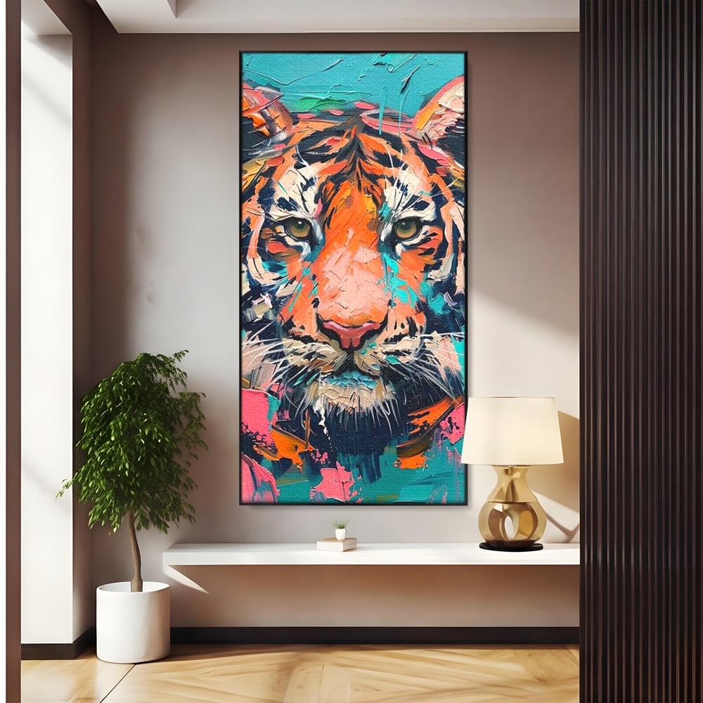 Leinwand Premium Canvas Wall Art, LuxCanva® M1435, Modern Pop Modern Tiger, Pastell, Lebendige Farben, Malerei, Farbe, Farbe, Malerei, Tiger, Feline, Dschungel, Pop Art, Abstrakt, Büro, Wohnen, Kinderzimmer