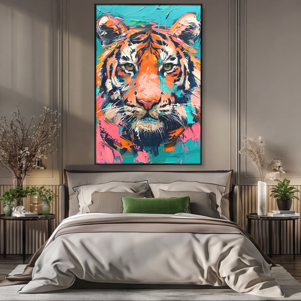 Leinwand Premium Canvas Wall Art, LuxCanva® M1435, Modern Pop Modern Tiger, Pastell, Lebendige Farben, Malerei, Farbe, Farbe, Malerei, Tiger, Feline, Dschungel, Pop Art, Abstrakt, Büro, Wohnen, Kinderzimmer