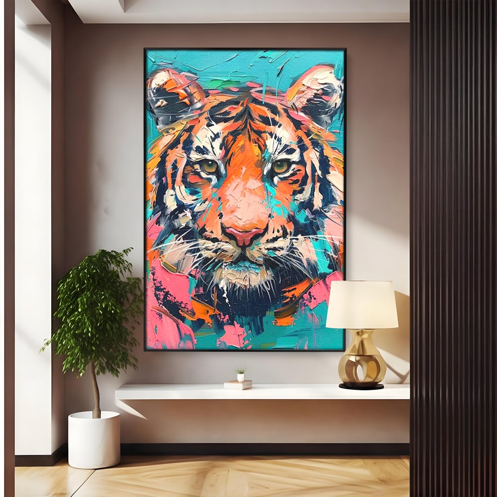 Leinwand Premium Canvas Wall Art, LuxCanva® M1435, Modern Pop Modern Tiger, Pastell, Lebendige Farben, Malerei, Farbe, Farbe, Malerei, Tiger, Feline, Dschungel, Pop Art, Abstrakt, Büro, Wohnen, Kinderzimmer
