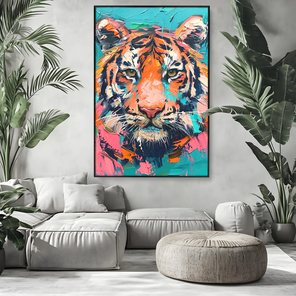 Leinwand Premium Canvas Wall Art, LuxCanva® M1435, Modern Pop Modern Tiger, Pastell, Lebendige Farben, Malerei, Farbe, Farbe, Malerei, Tiger, Feline, Dschungel, Pop Art, Abstrakt, Büro, Wohnen, Kinderzimmer