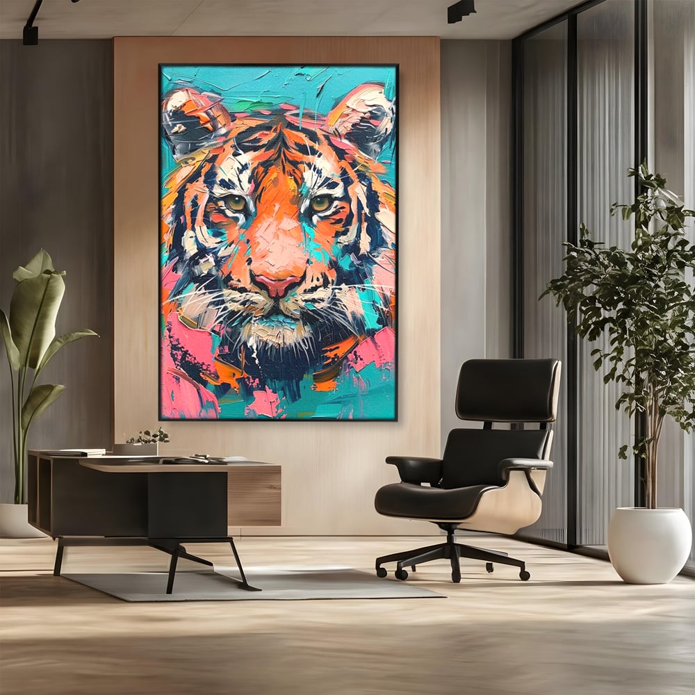 Leinwand Premium Canvas Wall Art, LuxCanva® M1435, Modern Pop Modern Tiger, Pastell, Lebendige Farben, Malerei, Farbe, Farbe, Malerei, Tiger, Feline, Dschungel, Pop Art, Abstrakt, Büro, Wohnen, Kinderzimmer