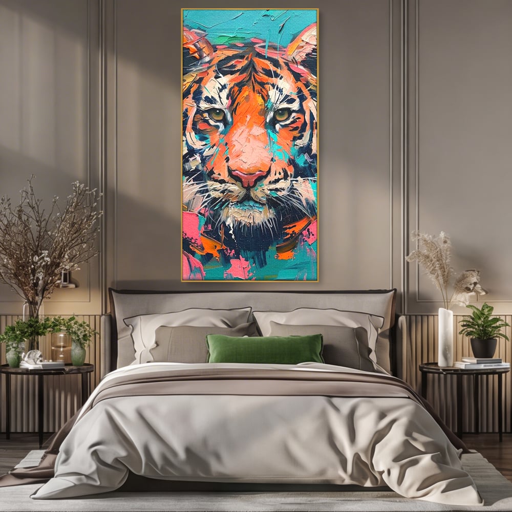 Leinwand Premium Canvas Wall Art, LuxCanva® M1435, Modern Pop Modern Tiger, Pastell, Lebendige Farben, Malerei, Farbe, Farbe, Malerei, Tiger, Feline, Dschungel, Pop Art, Abstrakt, Büro, Wohnen, Kinderzimmer