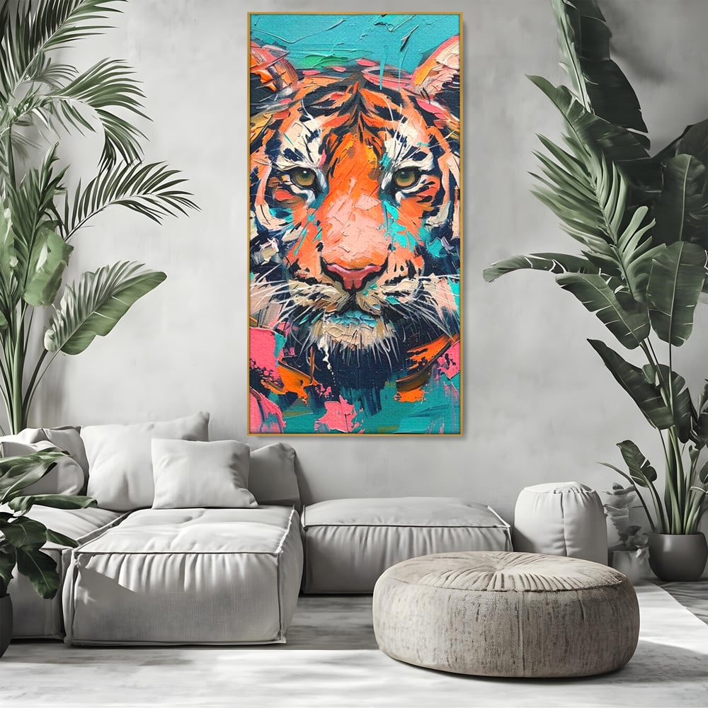 Leinwand Premium Canvas Wall Art, LuxCanva® M1435, Modern Pop Modern Tiger, Pastell, Lebendige Farben, Malerei, Farbe, Farbe, Malerei, Tiger, Feline, Dschungel, Pop Art, Abstrakt, Büro, Wohnen, Kinderzimmer
