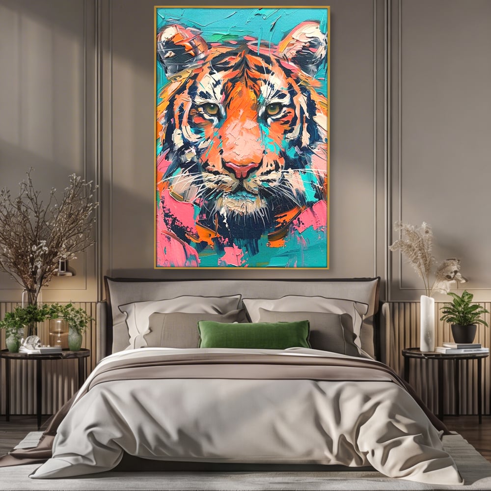 Leinwand Premium Canvas Wall Art, LuxCanva® M1435, Modern Pop Modern Tiger, Pastell, Lebendige Farben, Malerei, Farbe, Farbe, Malerei, Tiger, Feline, Dschungel, Pop Art, Abstrakt, Büro, Wohnen, Kinderzimmer