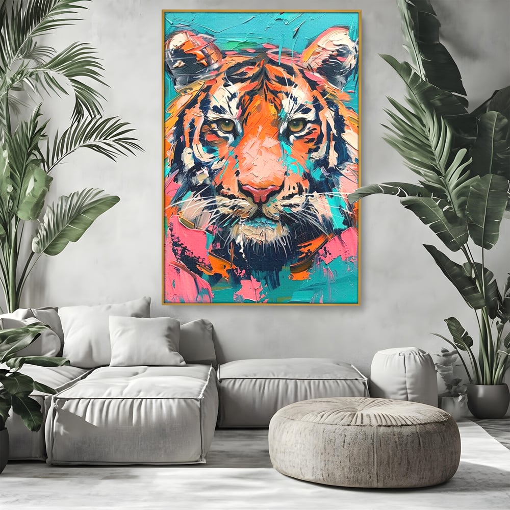 Leinwand Premium Canvas Wall Art, LuxCanva® M1435, Modern Pop Modern Tiger, Pastell, Lebendige Farben, Malerei, Farbe, Farbe, Malerei, Tiger, Feline, Dschungel, Pop Art, Abstrakt, Büro, Wohnen, Kinderzimmer