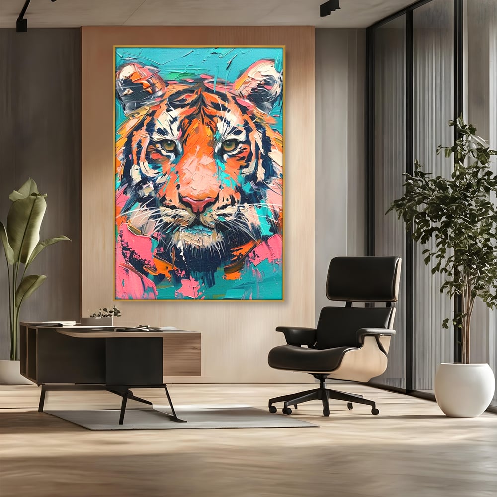 Leinwand Premium Canvas Wall Art, LuxCanva® M1435, Modern Pop Modern Tiger, Pastell, Lebendige Farben, Malerei, Farbe, Farbe, Malerei, Tiger, Feline, Dschungel, Pop Art, Abstrakt, Büro, Wohnen, Kinderzimmer