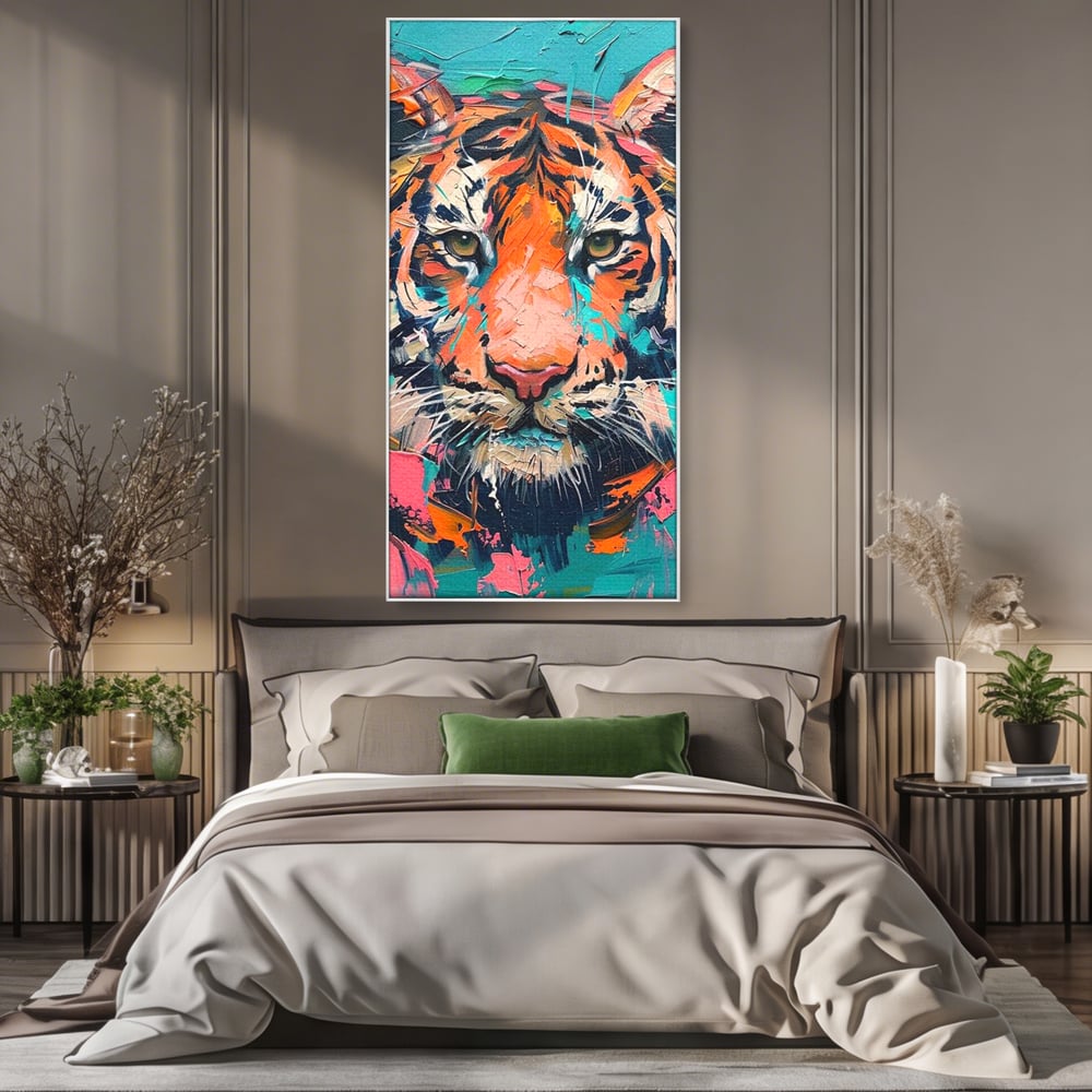 Leinwand Premium Canvas Wall Art, LuxCanva® M1435, Modern Pop Modern Tiger, Pastell, Lebendige Farben, Malerei, Farbe, Farbe, Malerei, Tiger, Feline, Dschungel, Pop Art, Abstrakt, Büro, Wohnen, Kinderzimmer