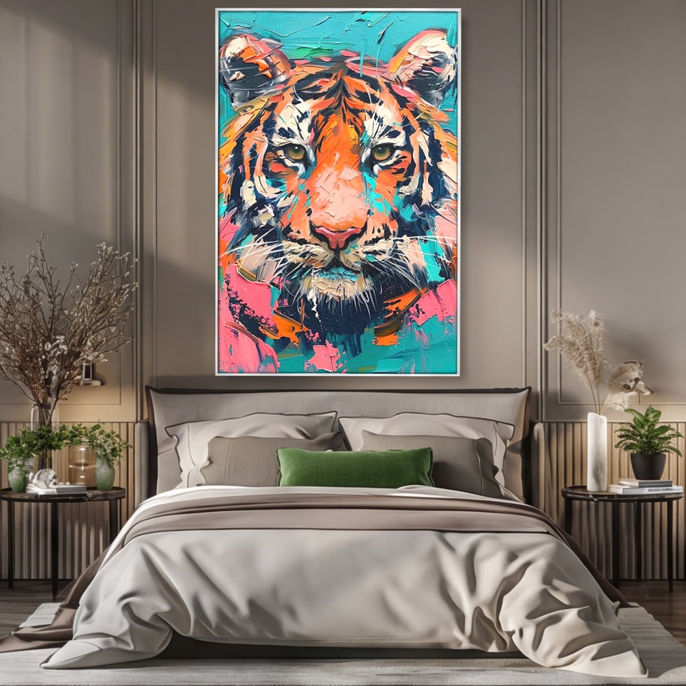 Leinwand Premium Canvas Wall Art, LuxCanva® M1435, Modern Pop Modern Tiger, Pastell, Lebendige Farben, Malerei, Farbe, Farbe, Malerei, Tiger, Feline, Dschungel, Pop Art, Abstrakt, Büro, Wohnen, Kinderzimmer
