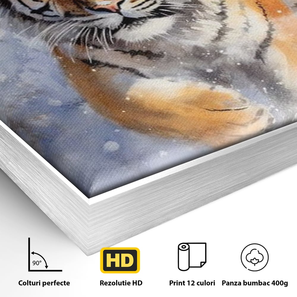 Tablou Canvas Premium, LuxCanva® M1436, Regele Furtunii de Zapada, Tigru, Iarna, Zapada, Viscol, Stanci, Salbaticie, Vanatoare, Arctic, Dinamic, Birou, Living, Camera Copil